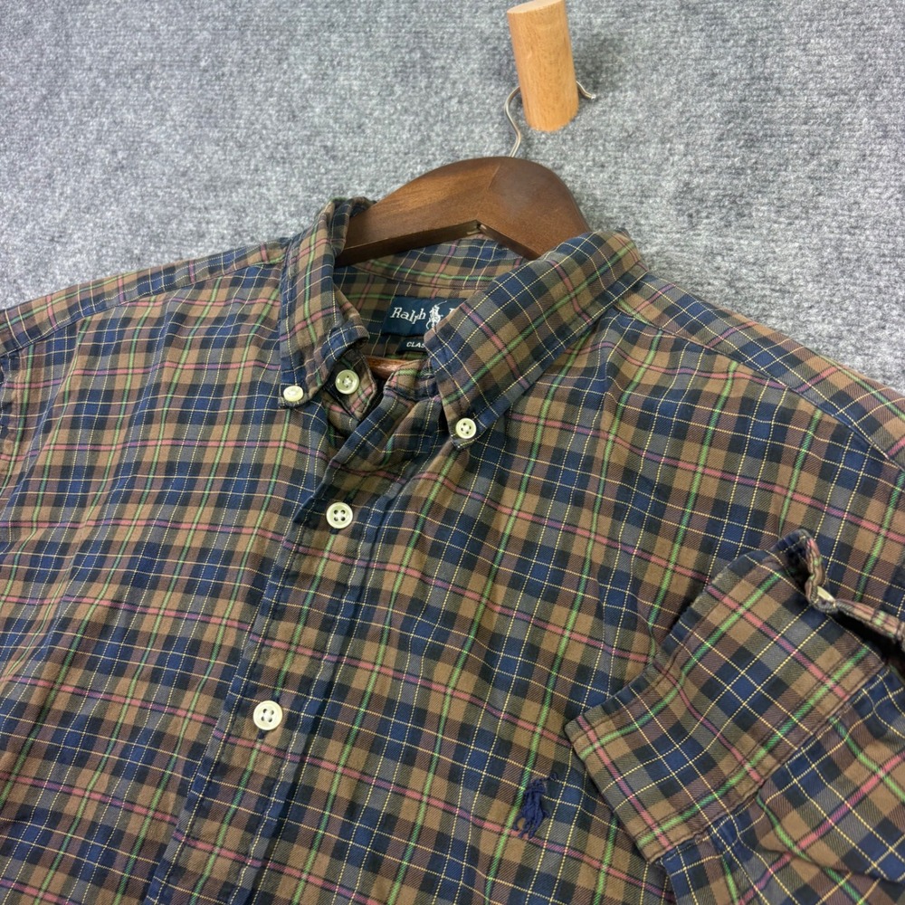 Ralph Lauren Button Down Shirt Mens XXL Brown Plaid Classic Fit Long Sleeve Pony